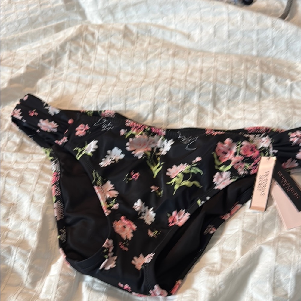 Victoria's Secret Black Bikini Bottom with Pink Floral Accents